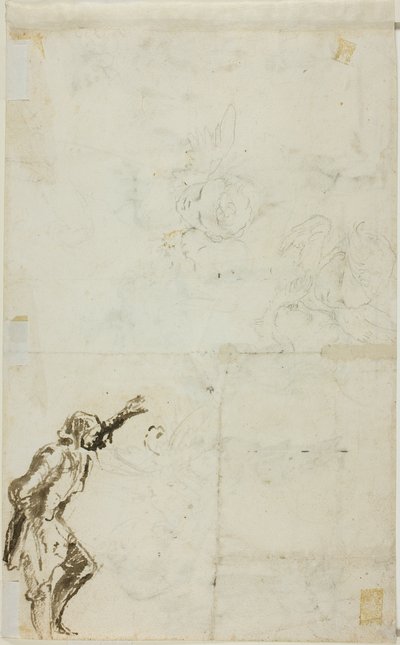 Ark med skisser: Stående mann med løftet arm, kjeruber av Giovanni Battista Piranesi