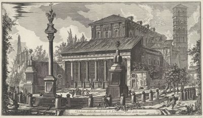 Sint-Laurens buiten de Muren te Roma Utsikt over basilikaen S. Lorenzo utenfor murene (tittel på objekt) Gezichten op Roma (serietittel) Utsikt over Roma designet og gravert av Giambattista Piranesi-arkitekten Ve (nez) iano (serietittel) av Giovanni Battista Piranesi