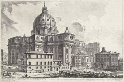 Sint-Pietersbasiliek vanaf Sakristiets plass Utsikt over utsiden av den store Peterskirken i Vatikanet (tittel på objekt) Gezichten op Roma (serietittel) Utsikt over Roma designet og gravert av Giambattista Piranesi-arkitekten Ve (nez) iano (ser) av Giovanni Battista Piranesi