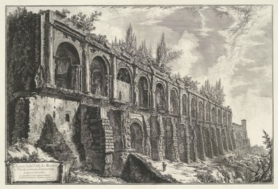 Tempel van Hercules Victor t og Tivoli Rester av Villa di Mecenate i Tivoli, bygget av travertiner av usikkert arbeid (tittel på objekt) Gezichten op Roma (serietittel) Utsikt over Roma designet og gravert av Giambattista Piranesi-arkitekten Ve (nez) iano  av Giovanni Battista Piranesi