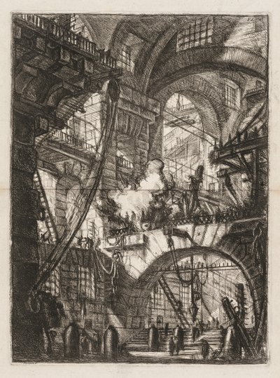 Die Gefängnisse: Eine Perspektive von Bögen mit einem rauchenden Feuer in der Mitte von Giovanni-Battista Piranesi