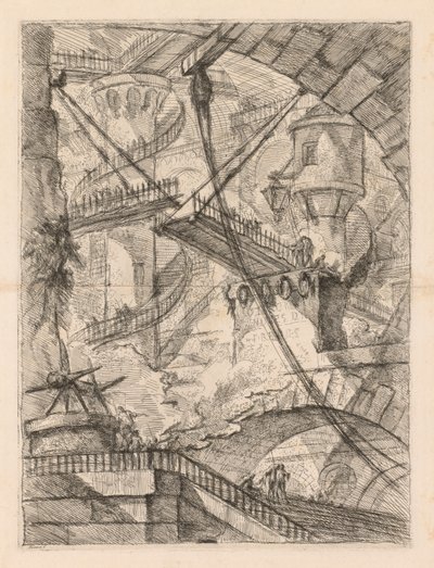 The Prisons: Et enormt interiør med en vindebro av Giovanni Battista Piranesi