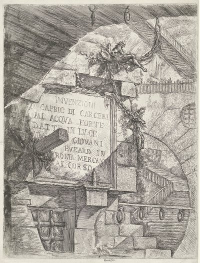 Titteltrykk med ansikt i fangehull og tittel på vegg Dungeons (serietittel) Invenzioni Capric di Carceri all Acqua Forte (serietittel på objekt) av Giovanni Battista Piranesi