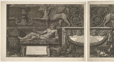Titteltrykk med skulpturer, utskårne relieffer og en sarkofag med tittel Vaser, lysestaker, gravsteiner, sarkofager, stativer, lamper og ornamenter designet og gravert av Giovanni Battista Piranesi (serietittel) Vasi, candelabri, cippi, sarcofagi av Giovanni Battista Piranesi