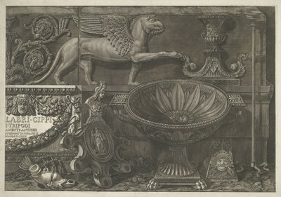 Titelblatt mit Skulpturen, Reliefs und einem Sarkophag (rechter Teil) von Giovanni-Battista Piranesi