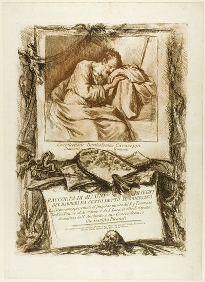 Tittelside: Samling av flere tegninger gravert etter Barbieri da Cento (kjent som Guercino) gravert på kobber og presentert for Thomas Jenkins, maler og medlem av Academy of St. Luke, av respekt og vennskap fra hans medmedlem, the arc av Giovanni Battista Piranesi