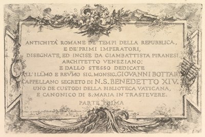 Tittelside: Romersk antikk fra republikkens tid og de første keisere Antich..., ca. 1748. av Giovanni Battista Piranesi