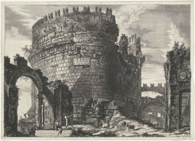 Tombe van Caecilia Metella te Roma Graven til Cecilia Metell (...) (tittel på objekt) Gezichten op Roma (serietittel) Utsikt over Roma designet og gravert av Giambattista Piranesi-arkitekten Ve (nez) iano (serietittel) av Giovanni Battista Piranesi