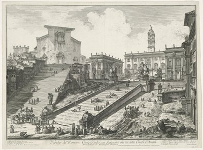 Trappen til Piazza del Campidoglio en de Santa Maria i Aracoeli te Roma Utsikt over den romerske Campidoglio med trapp som fører til Araceli-kirken (tittel på objekt) Gezichten op Roma (serietittel) Utsikt over Roma designet og gravert av Giambattista Pira av Giovanni-Battista Piranesi