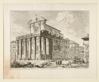 Utsikt over tempelet til Antoninus og Faustina i Campo Vaccino. (Utsikt over tempelet til Antoninus og Faustina i Forum Romanum.), fra Vedute di Roma av Giovanni Battista Piranesi