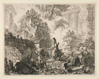 Utsikt over Roma: Frontispice med statue av Minerva av Giovanni-Battista Piranesi