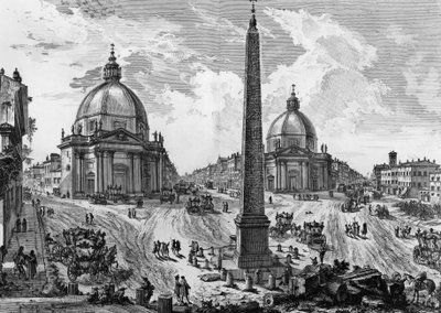 Utsikt over Piazza del Popolo i Roma, gravering av Giovanni Battista Piranesi (1720-1778), fra romerske antikviteter av Giovanni Battista Piranesi