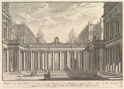 Utsikt over en gårdsplass med en loggia, fontener, statuer og andre ornamenter Prospetto ..., ca. 1750. av Giovanni Battista Piranesi