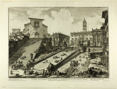 Utsikt over Capitoline Hill med trinnene til kirken S. Maria i Aracoeli, fra utsikt over Roma av Giovanni Battista Piranesi