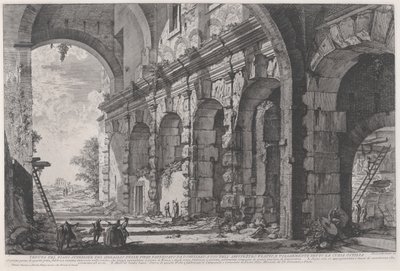 Utsikt over den øvre etasjen i Cages for Wild Animals bygget av keiser Domitian, assosiert med det flaviske amfiteateret og ofte kalt Curia Hostilia, ca. 1760-1778 (radering) av Giovanni Battista Piranesi