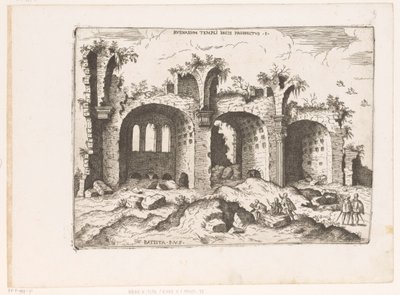 Utsikt over Basilica van Maxentius i Roma Utsikt over ruinene av Fredstempelet (tittel på objekt) Romerske ruiner (serietittel) Noen viktige monumenter fra den romerske antikken (...) (serietittel) av Giovanni Battista Pittoni (I)