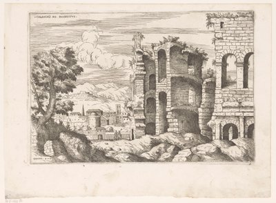 Utsikt over Colosseum og omgivelsene i Roma Colosseum ro prospekt (tittel på objekt) Romerske ruiner (serietittel) Noen viktige monumenter fra den romerske antikken (...) (serietittel) av Giovanni Battista Pittoni (I)