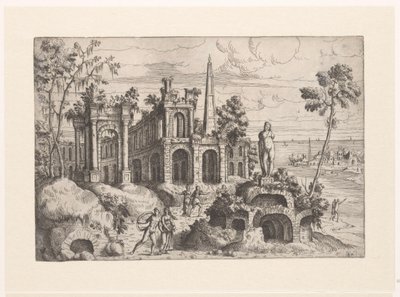 Landskap med gamle ruiner, skulptur og obelisk Landskap med ruiner (serietittel) av Giovanni Battista Pittoni (I)