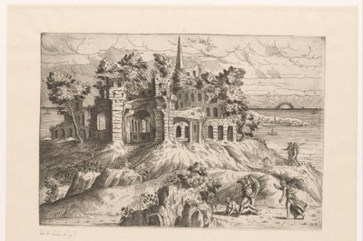 Landskap med ruiner på vannet og en sol opp eller ned Landskap med ruiner og fantasiarkitektur og figurer i antikk og eksotisk kjole (serietittel) av Giovanni Battista Pittoni (I)