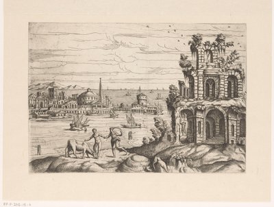 Bybilde med ruiner og fantasiarkitektur ved vannet Landskap med ruiner og fantasiarkitektur og figurer i antikk og eksotisk kjole (serietittel) av Giovanni Battista Pittoni (I)