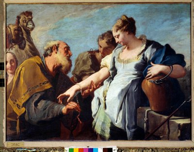 Eliezer og Rebecca Eliezer, Abrahams tjener, tiltalt for å finne en kone til sønnen Isak, møtte Rebecca, som fulgte ham for å gifte seg med den unge mannen av Giovanni Battista Pittoni