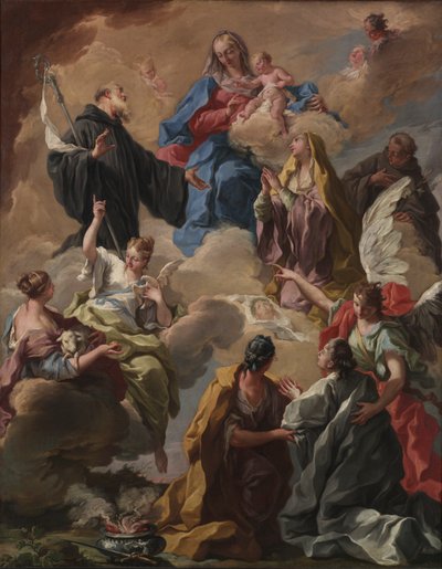 Hellige som presenterer en troende kvinne for jomfruen og barnet, 1720-tallet. av Giovanni Battista Pittoni