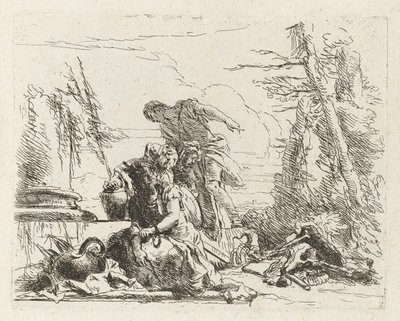 En kvinne med armene i lenker og fire andre figurer, fra Vari capricci (Various Capriccios) av Giovanni-Battista Tiepolo