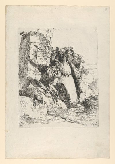 Ein Magier, ein Soldat und drei Figuren beobachten einen brennenden Schädel aus den Scherzi von Giovanni Battista Tiepolo