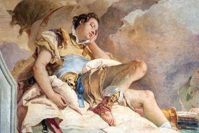 Detalj av Rinaldo, fra Armida som bortfører den sovende Rinaldo, fra Jerusalems rom levert i Palazzina, 1757 av Giovanni Battista Tiepolo
