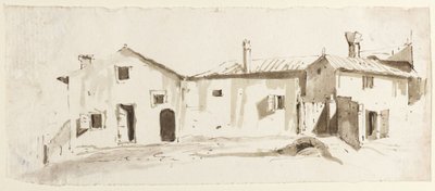 Gårdsbygninger med åpne dører, bro og port av Giovanni Battista Tiepolo