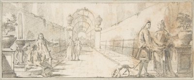 Illustrasjon til en bok: Figurer i samtale i en hage av Giovanni Battista Tiepolo