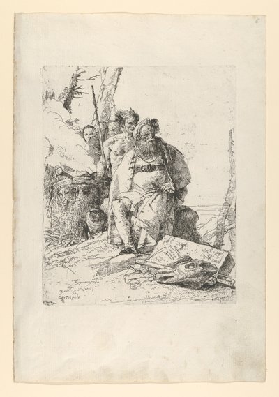 Magiker med fire figurer nær et rykende alter, fra Scherzi, ca. 1743-52. av Giovanni Battista Tiepolo