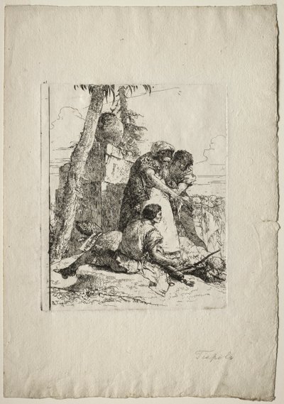 Scherzi di Fantasia: Magiker som peker ut et brennende hode til to ungdommer av Giovanni Battista Tiepolo