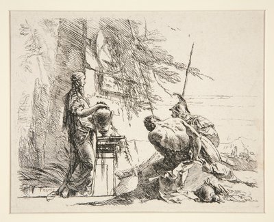Stående kvinne og sittende mann foran en obelisk, fra serien Vari Capricci av Giovanni-Battista Tiepolo