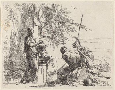 Stående kvinne og sittende menn foran en obelisk av Giovanni Battista Tiepolo