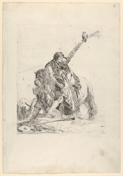 Tre menn som står ved siden av en hest, fra Scherzi, ca. 1740. av Giovanni Battista Tiepolo