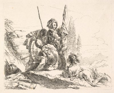 Drei Soldaten und ein auf dem Bauch liegender Jugendlicher in einer Landschaft, die Soldaten tragen..., ca. 1740-42 von Giovanni Battista Tiepolo