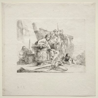 Ulike caprices: Den unge mannen sitter, lener seg mot en urne av Giovanni Battista Tiepolo