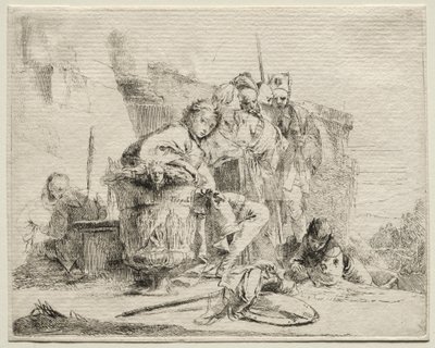Ulike caprices: Ung mann sitter, lener seg mot en urne av Giovanni-Battista Tiepolo