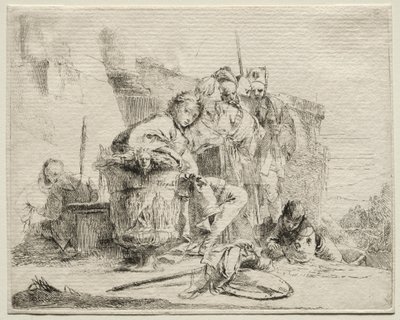 Ulike caprices: Ung mann sitter, lener seg mot en urne. av Giovanni Battista Tiepolo