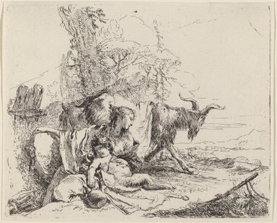 Kvinne, Satyrbarn og geit i et landskap av Giovanni Battista Tiepolo