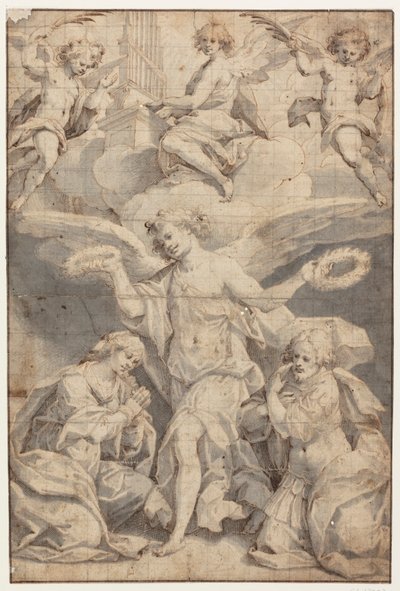 En engel kranser en knelende kvinne og en knelende soldat, mens to engler i skyene kommer flygende med palmegrener og en tredje spiller orgel av Giovanni Battista Trotti
