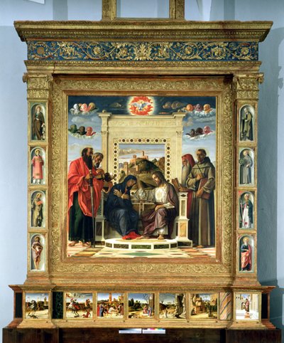 Kroning av jomfruen med SS. Paul, Peter, Hieronymus og Frans av Assisi med scener fra de helliges liv i predella-panelet, kjent som Pala di Pesaro-altertavlen, ca. 1474 (olje på panel) av Giovanni Bellini