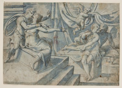 Et kjærestepar på en seng blir avslørt av en putto til en romersk soldat og hans kone av Giovanni Bellini