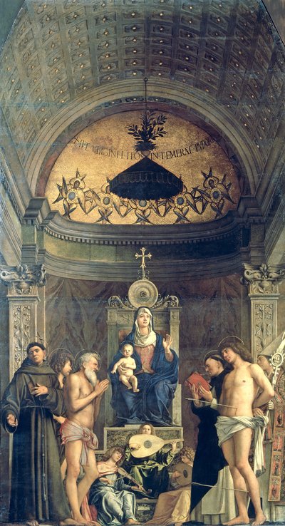 Madonna og barn tronet mellom SS. Francis, døperen Johannes, Job, Dominic, Sebastian og Louis (San Giobbe-altertavlen) ca. 1487 (for detaljer se 61101 og 276359) av Giovanni Bellini