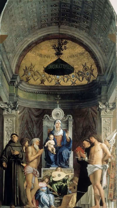 Madonna og barn, musikalske engler og de hellige Frans, døperen Johannes, Job, Dominik..., ca 1487 av Giovanni Bellini