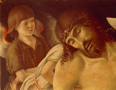 Pieta or Dead Christ Supported by Angels, ca 1474, av Giovanni Bellini (1431-36 - 1516), tempera på panel, 91x131 cm. Detalj. av Giovanni Bellini