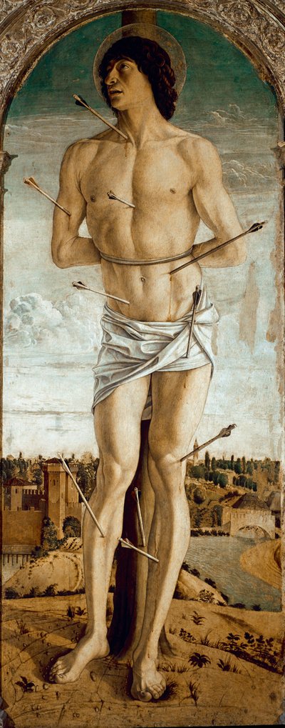 Polyptych of Saint Vincent Ferrier: Saint Sebastian (Polyptych of St Vincent Ferrer: St Sebastian) Maleri av Giovanni Bellini dit il Giambellino (ca. 1432-1516) 1464-1468 Dim 167x67 cm Venezia-kirken Santi Giovanni e Paolo av Giovanni Bellini