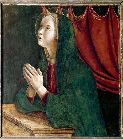 Polyptych of Saint Vincent Ferrier: jomfru av bebudelsen (Polyptych of st Vincent Ferrer: virgin of the annunciation) Maleri av Giovanni Bellini dit il Giambellino (ca. 1432-1516) 1464-1468 Dim 72x67 cm Venezia kirken Santi Giovanni e Paolo Giovanni av Giovanni Bellini