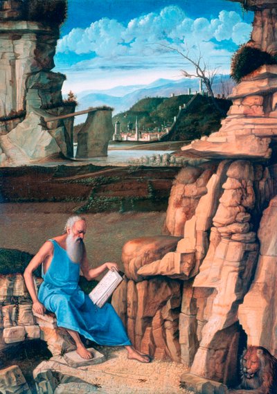 Saint Hieronymus leser i et landskap, c1480-1485 av Giovanni Bellini